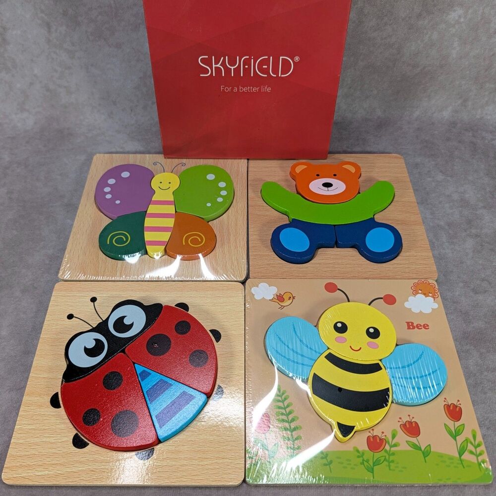 Skyfield Wooden Animal Puzzles 4 Pack SK-0001 Bear Ladybug Bee Butterfly Box Set